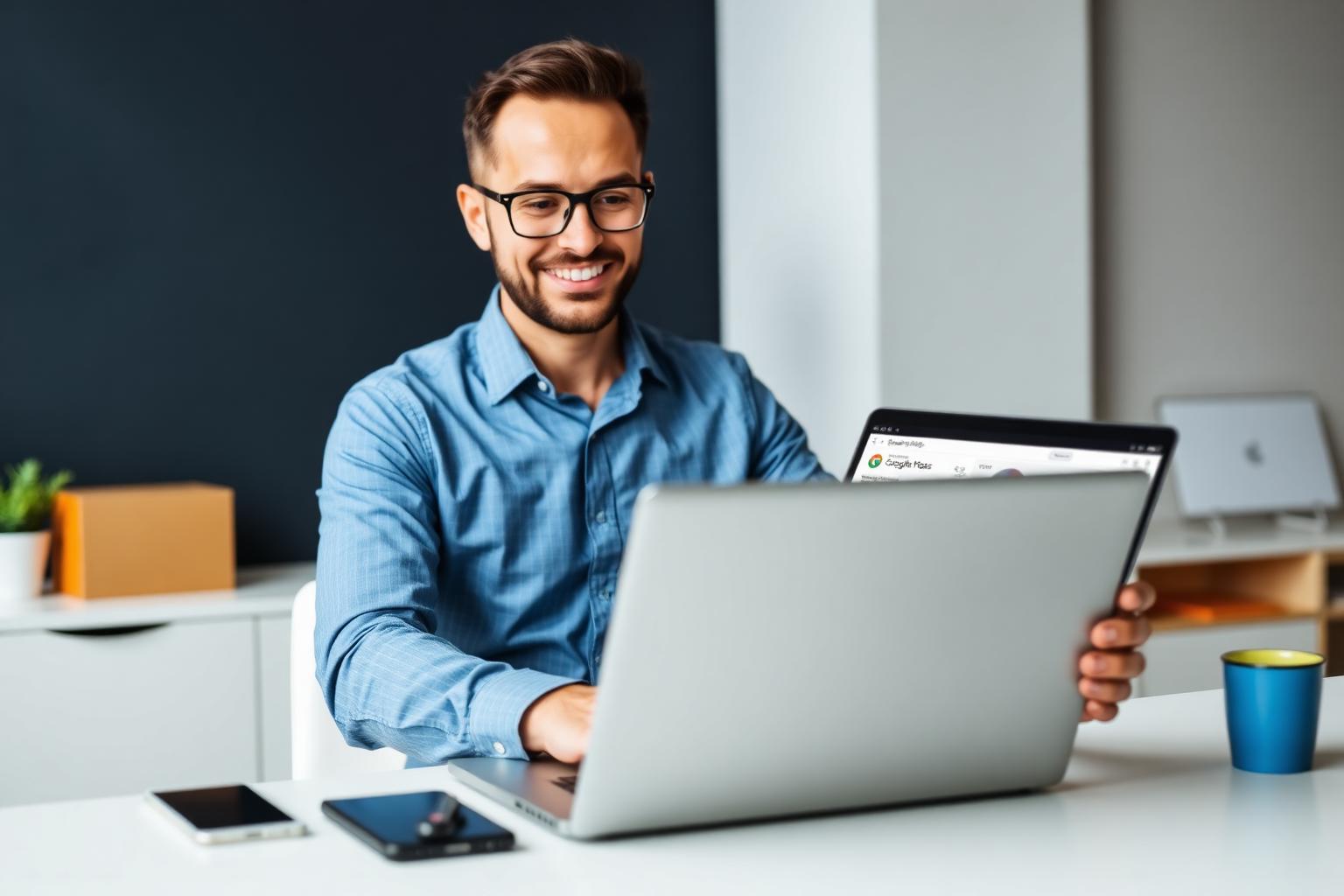 Business owner reviewing rising leads, Google Maps visibility, and AI search results