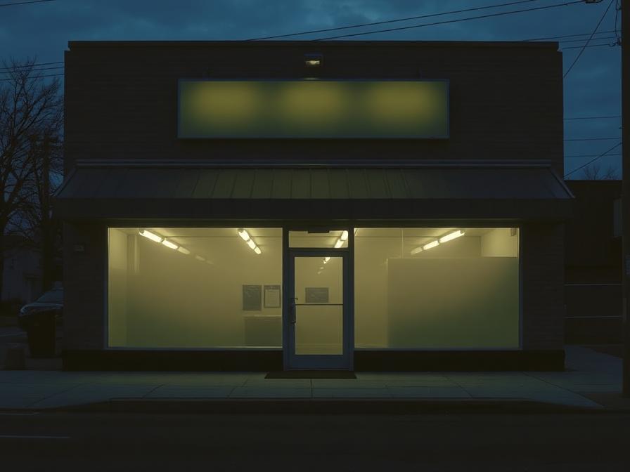 Empty storefront at dusk, invisible to customers